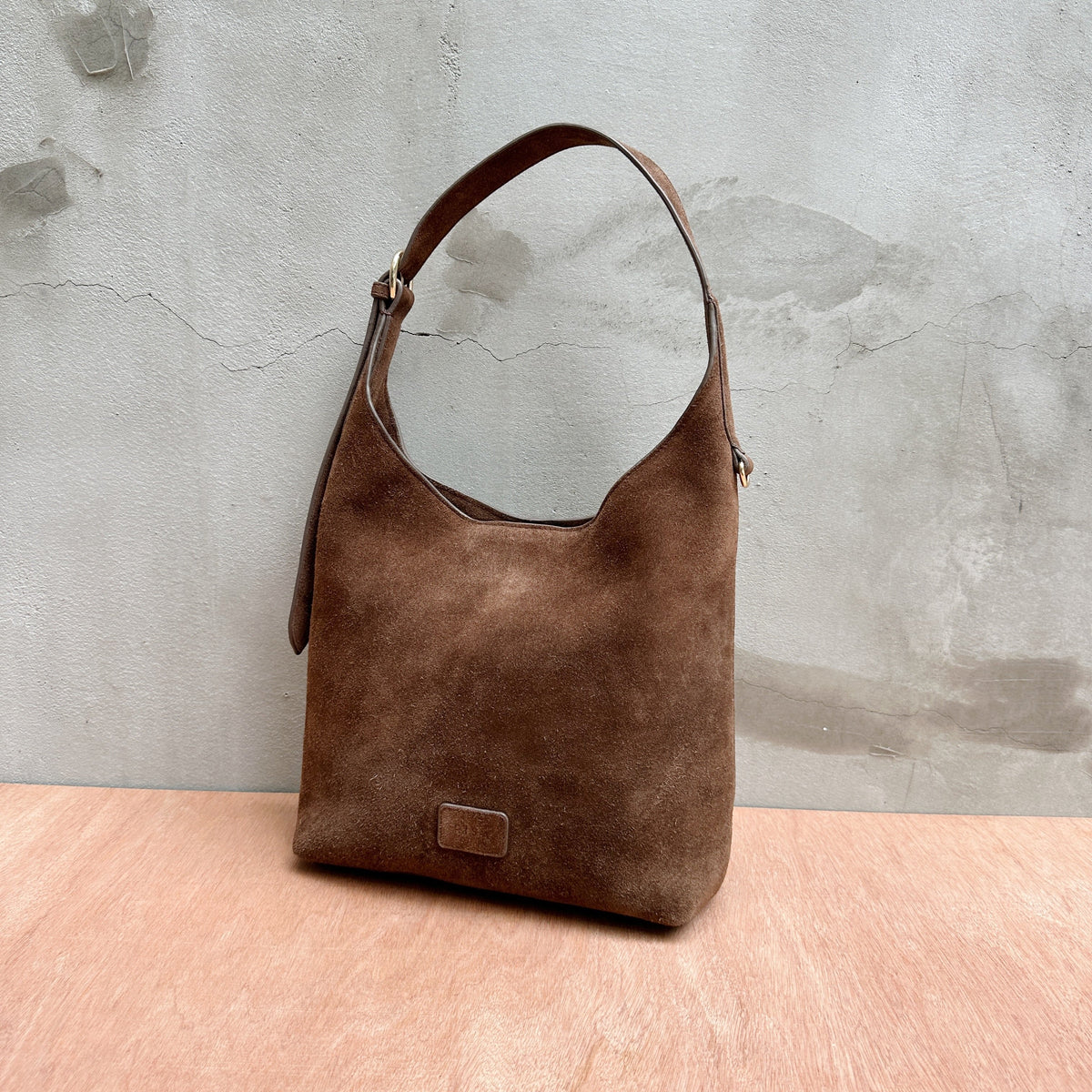 RISA Claude chocolate brown suede shoulder hobo bag with single strap
