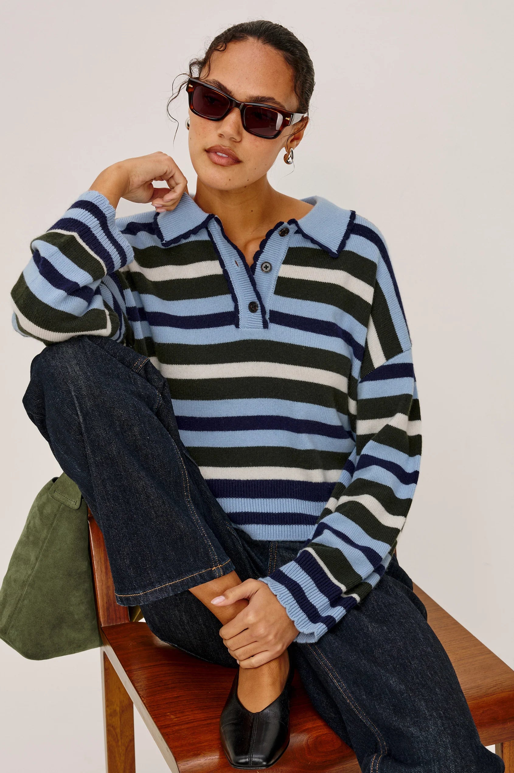 Rails Delora striped knit polo sweater in blue, navy, and olive green