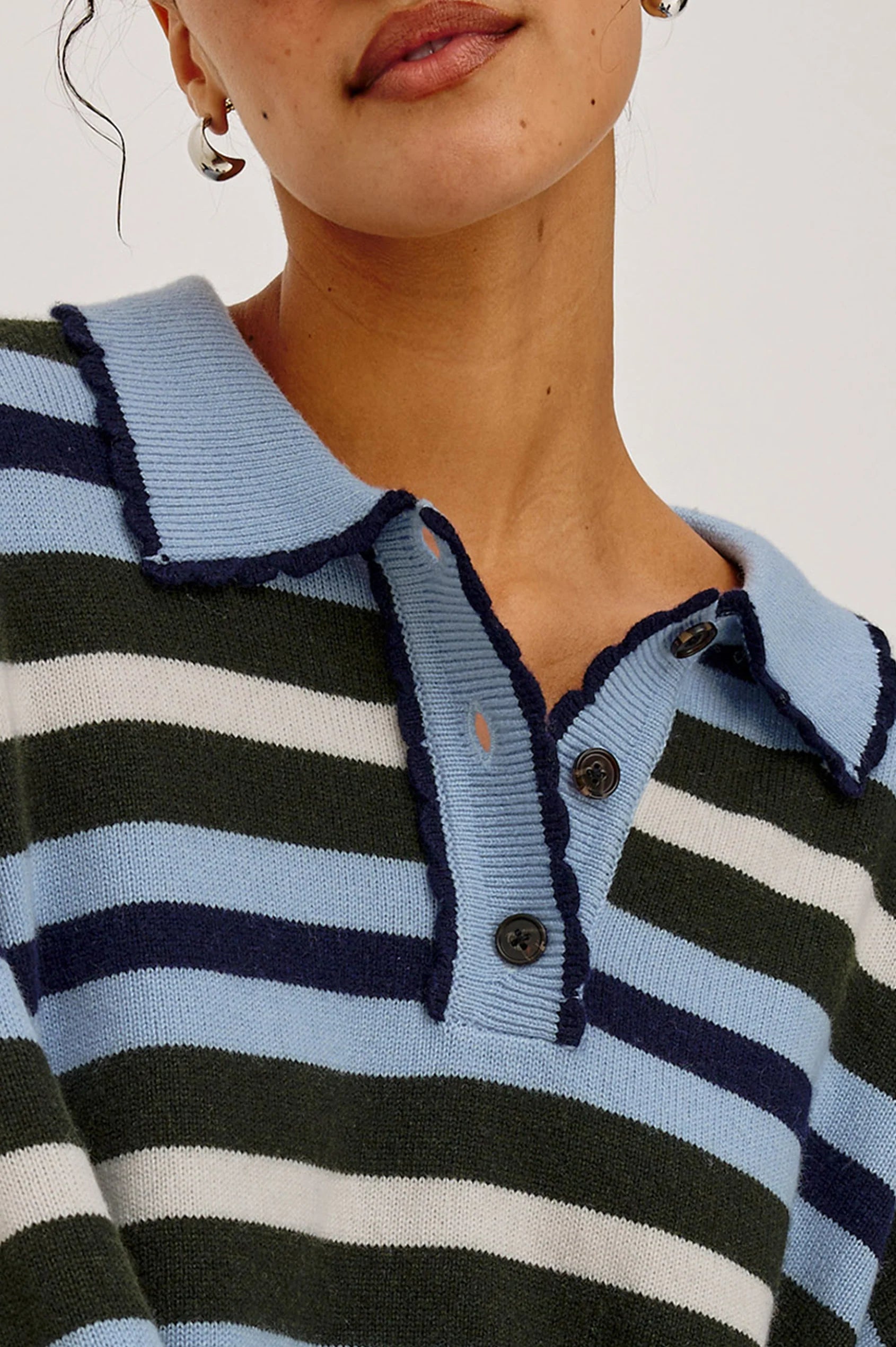 Rails Delora striped knit polo sweater in blue, navy, and olive with buttons