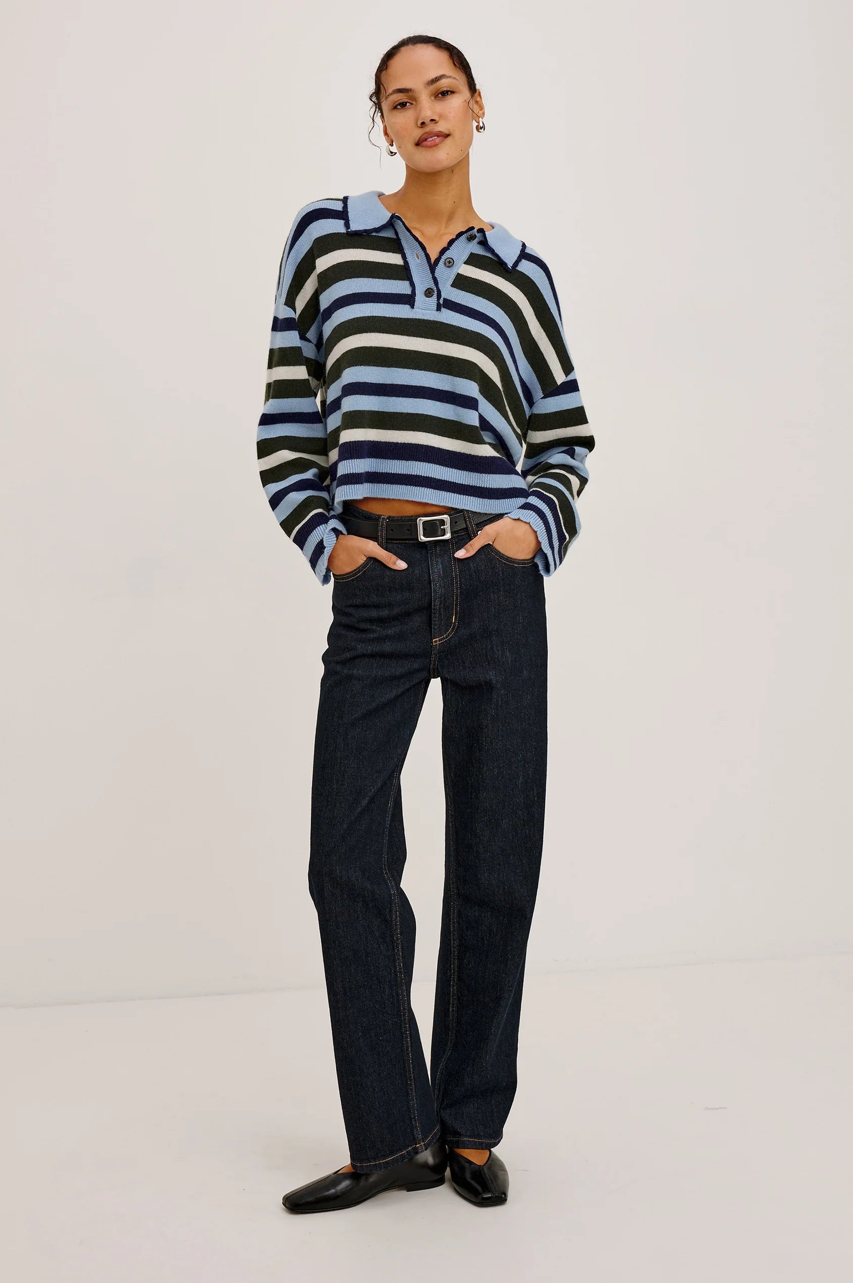 Rails Delora striped knit polo sweater in blue, navy, and olive