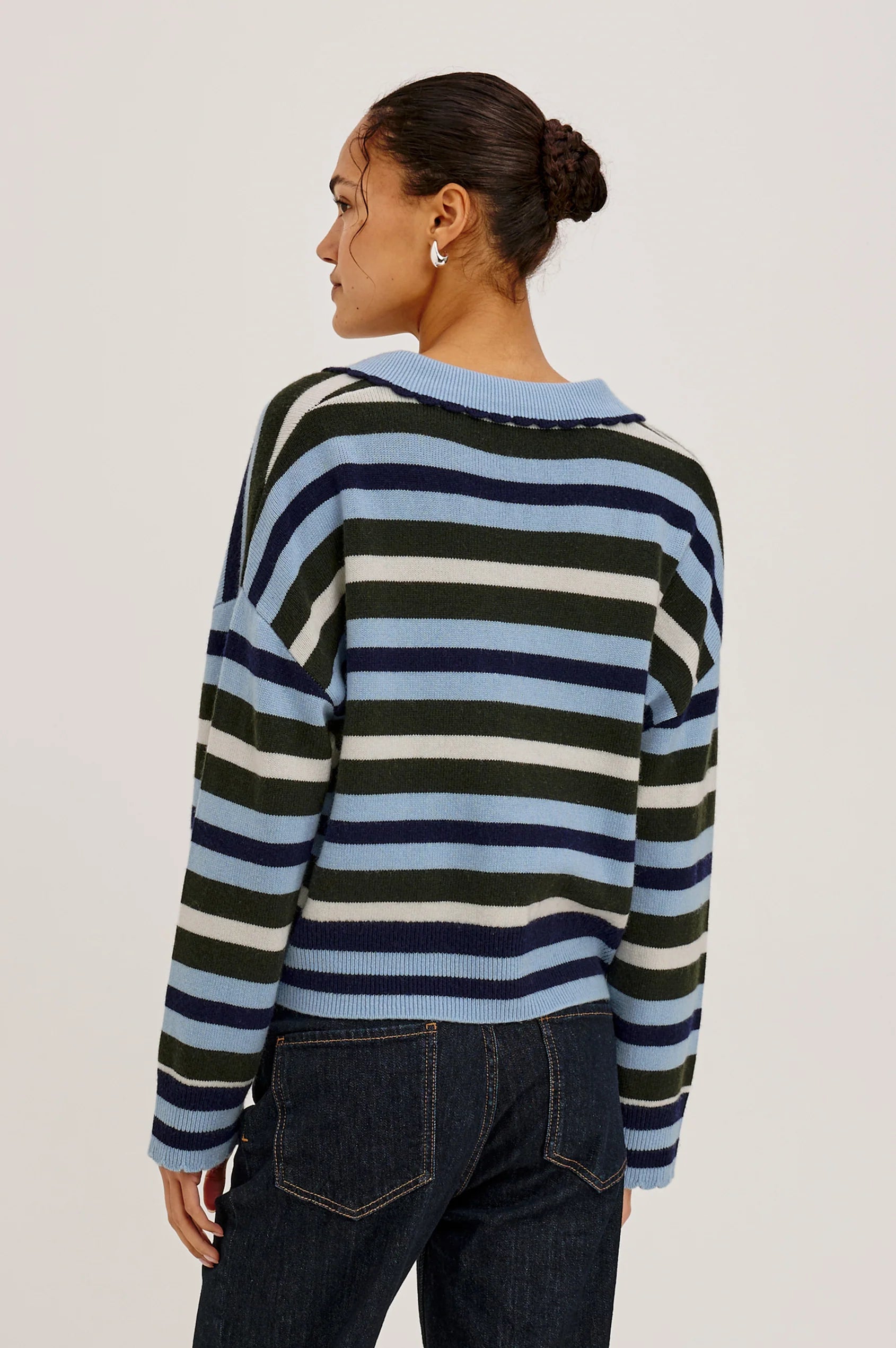 Rails Delora striped knit sweater in blue, navy, green, and white, back view