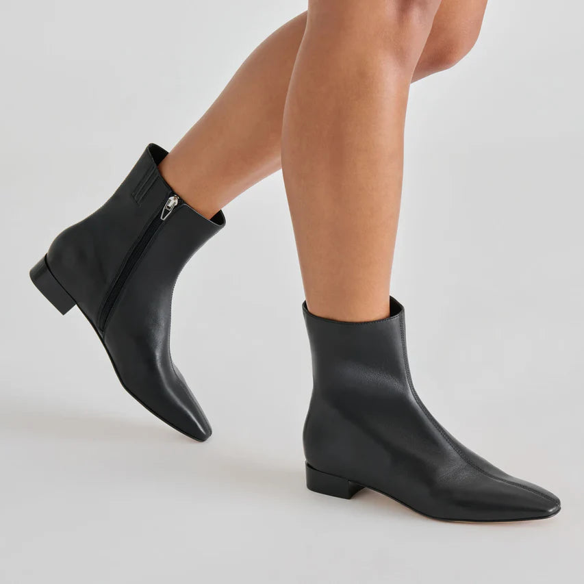 Dolce Vita Tarine black leather flat ankle boots with side zipper, square toe