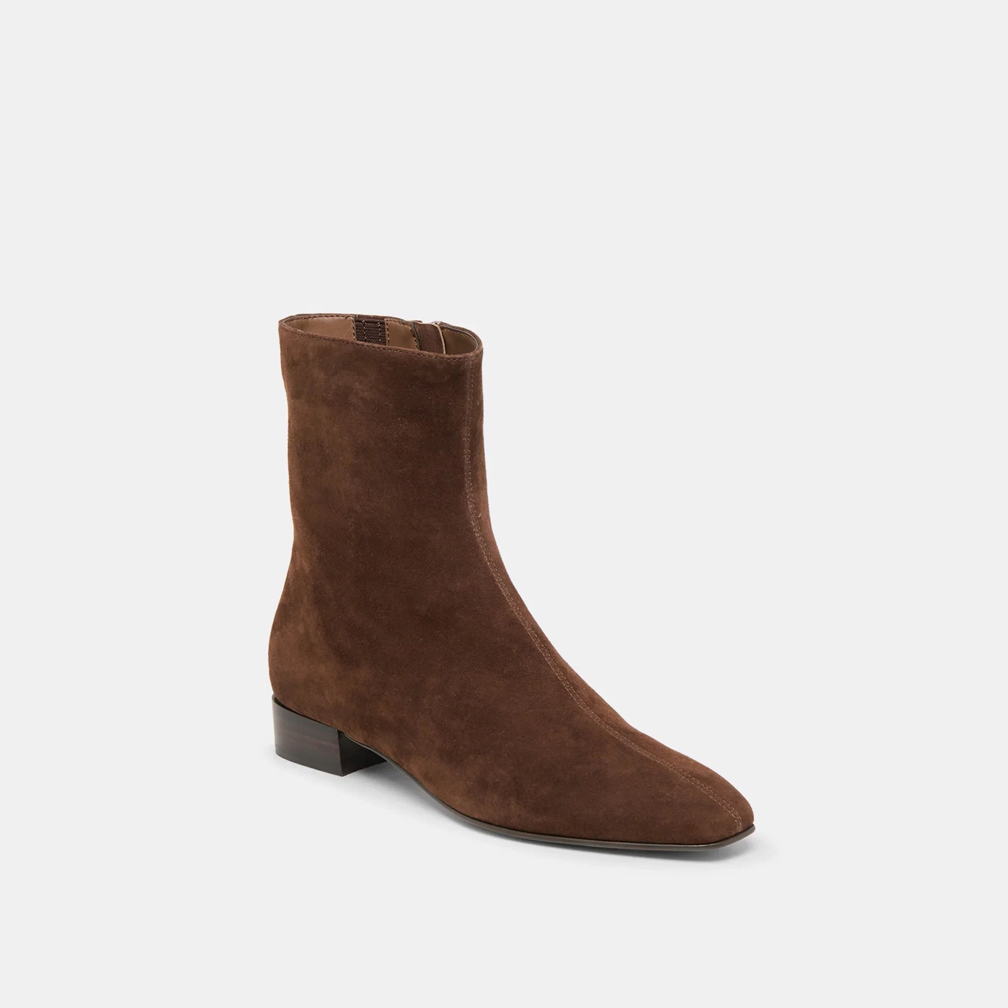 Dolce Vita Tarine brown suede ankle boot with square toe and low block heel