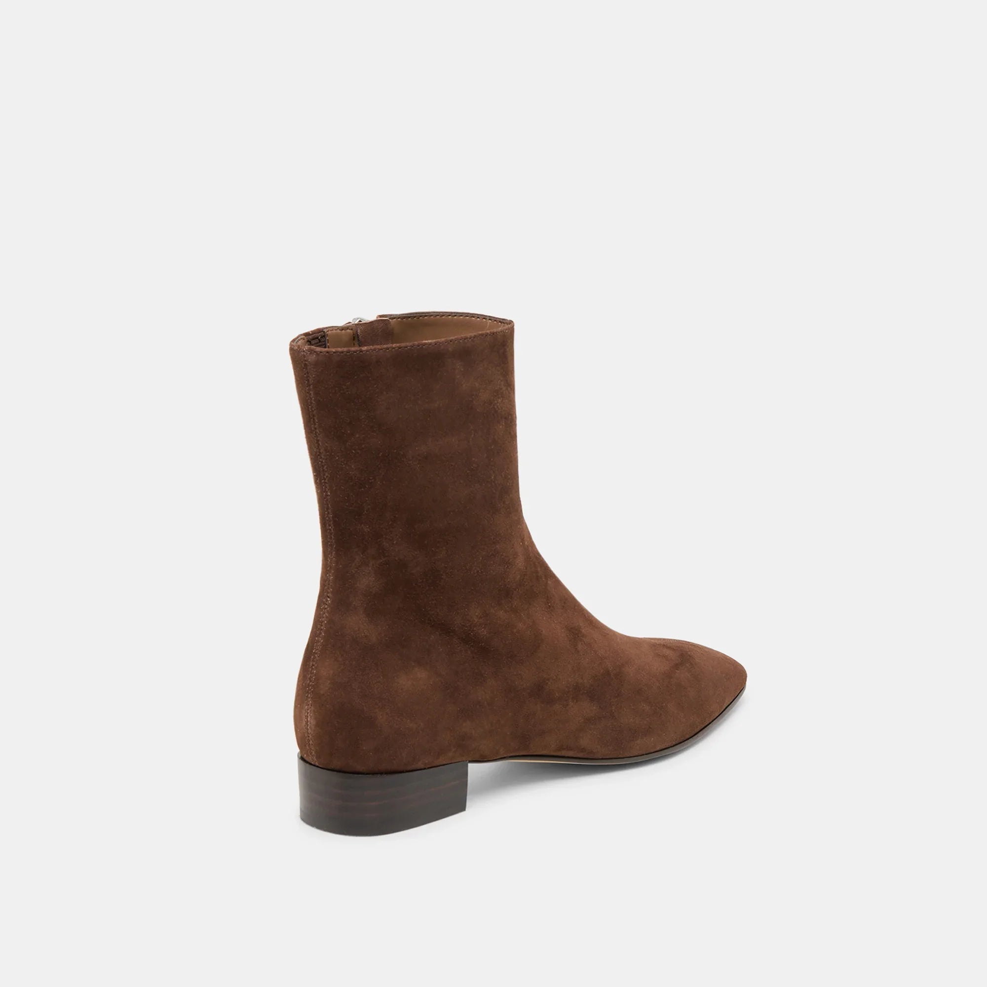 Dolce Vita Tarine brown suede flat ankle boot with back zip closure