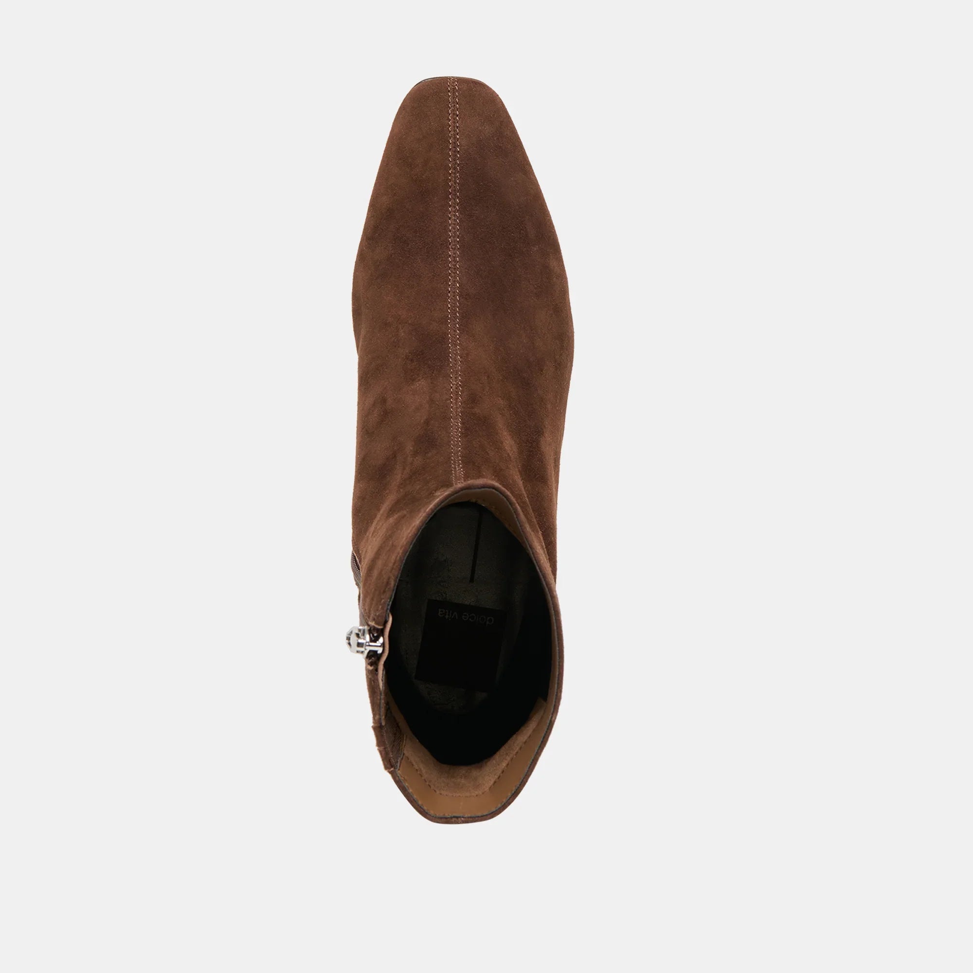 Dolce Vita Tarine brown suede ankle boot with pointed toe, top view