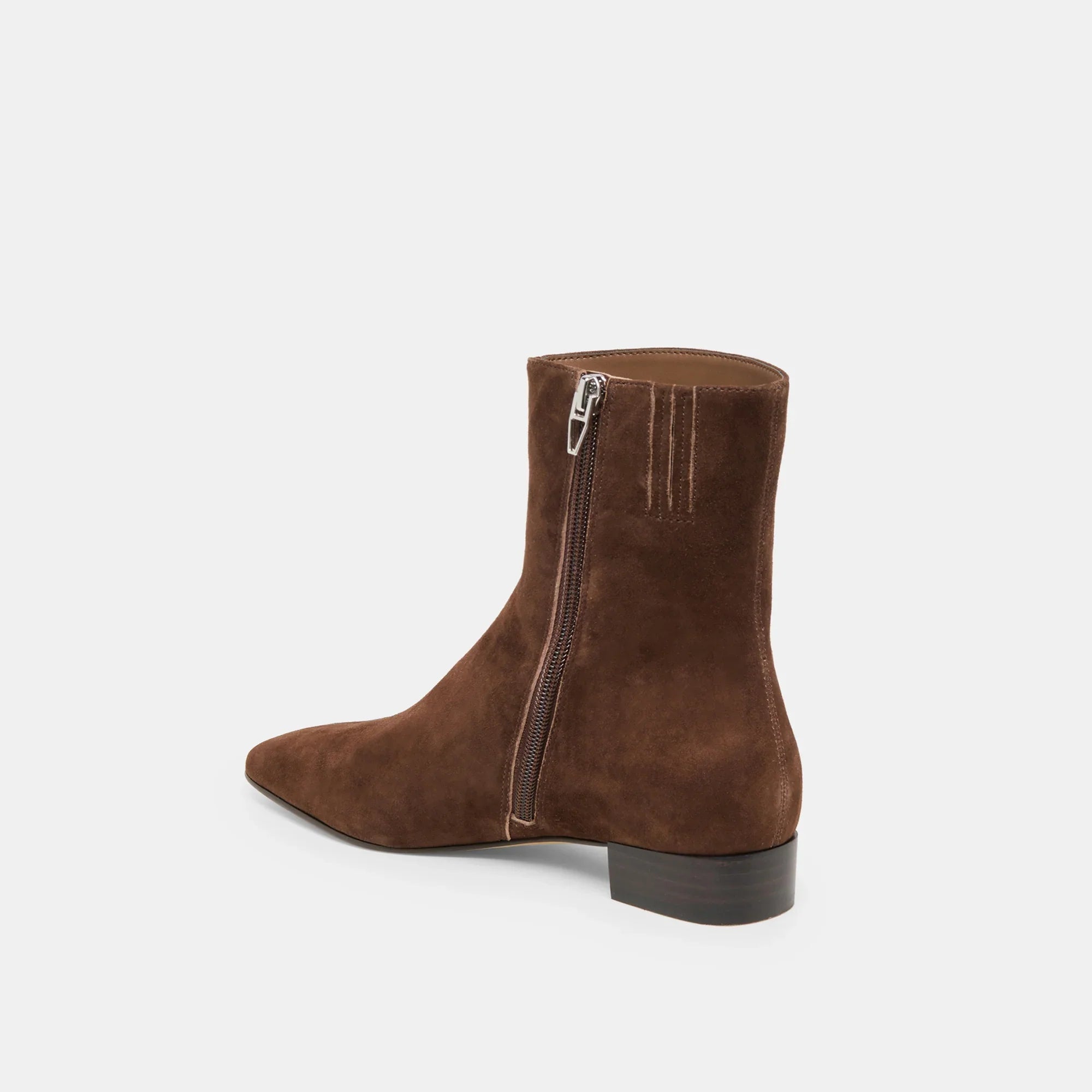 Dolce Vita Tarine brown suede ankle boot with side zipper and low stacked heel