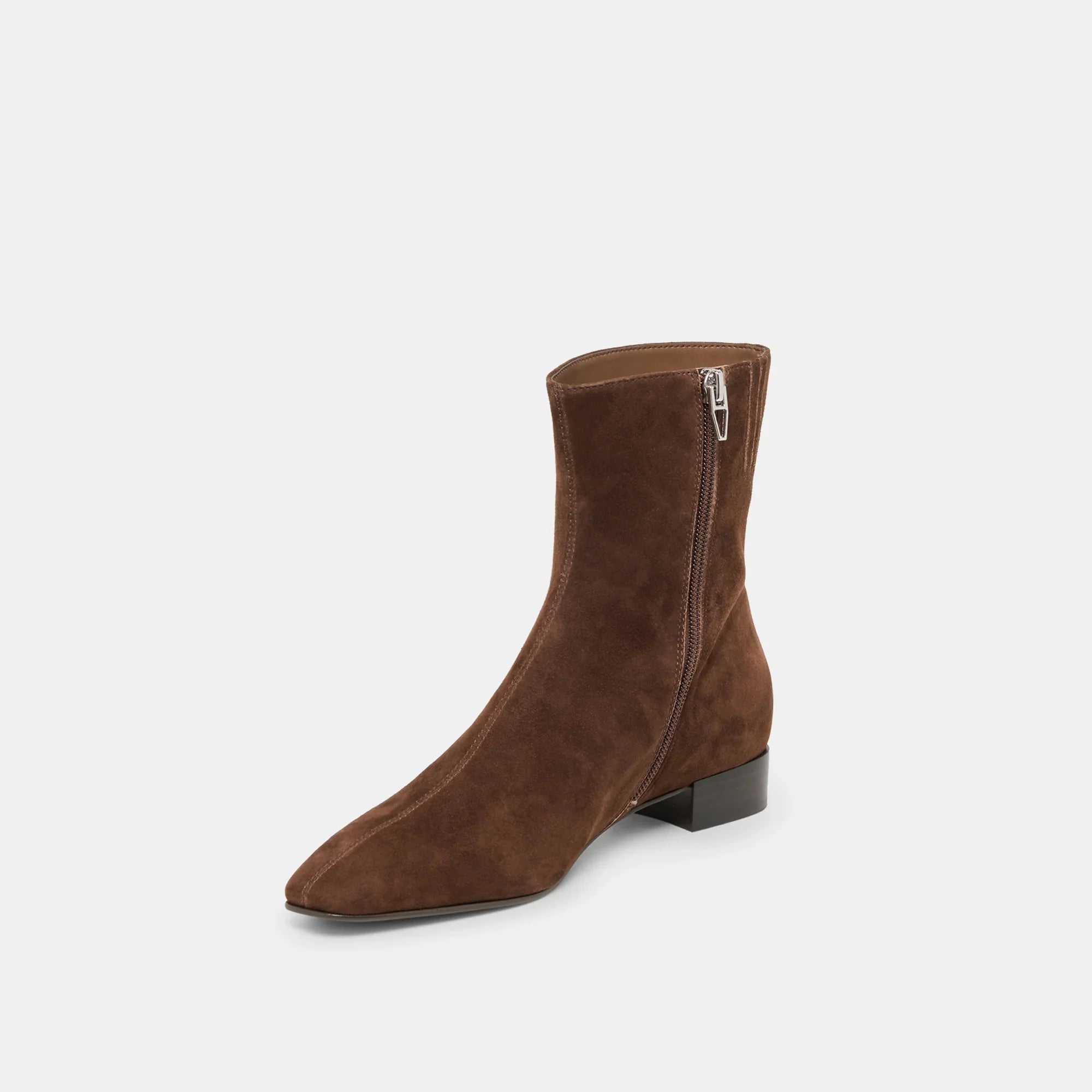 Dolce Vita Tarine brown suede ankle boot with side zipper and low block heel