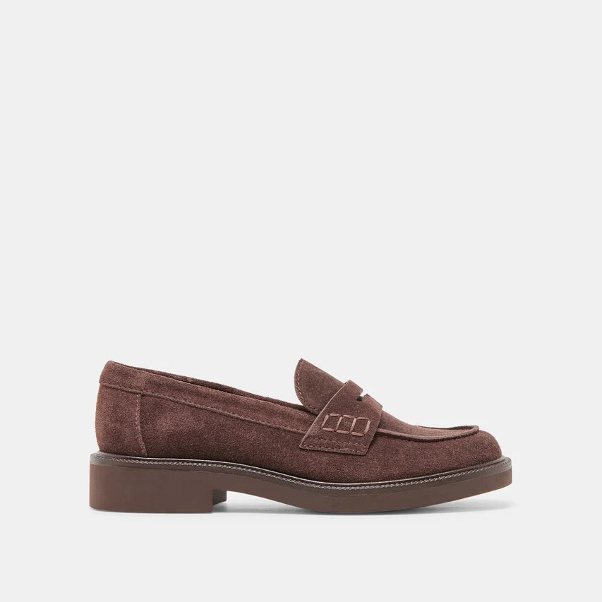 Dolce Vita Tiggy dark brown suede penny loafer with low block heel