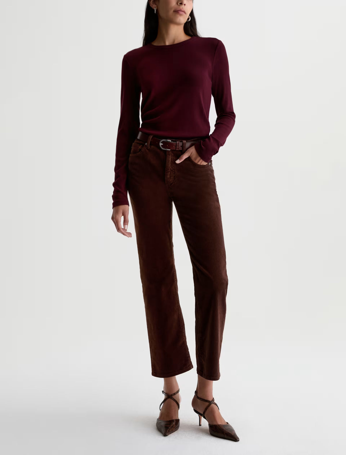Women's brown corduroy straight-leg cropped pants with leather belt and mid-rise waist