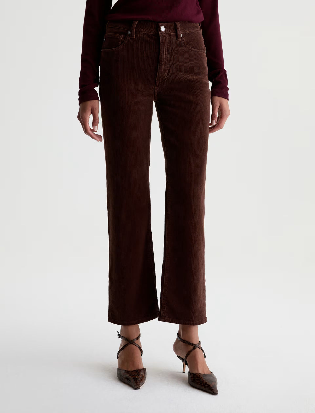 AG Brinley wood brown corduroy cropped flare pants with high rise fit