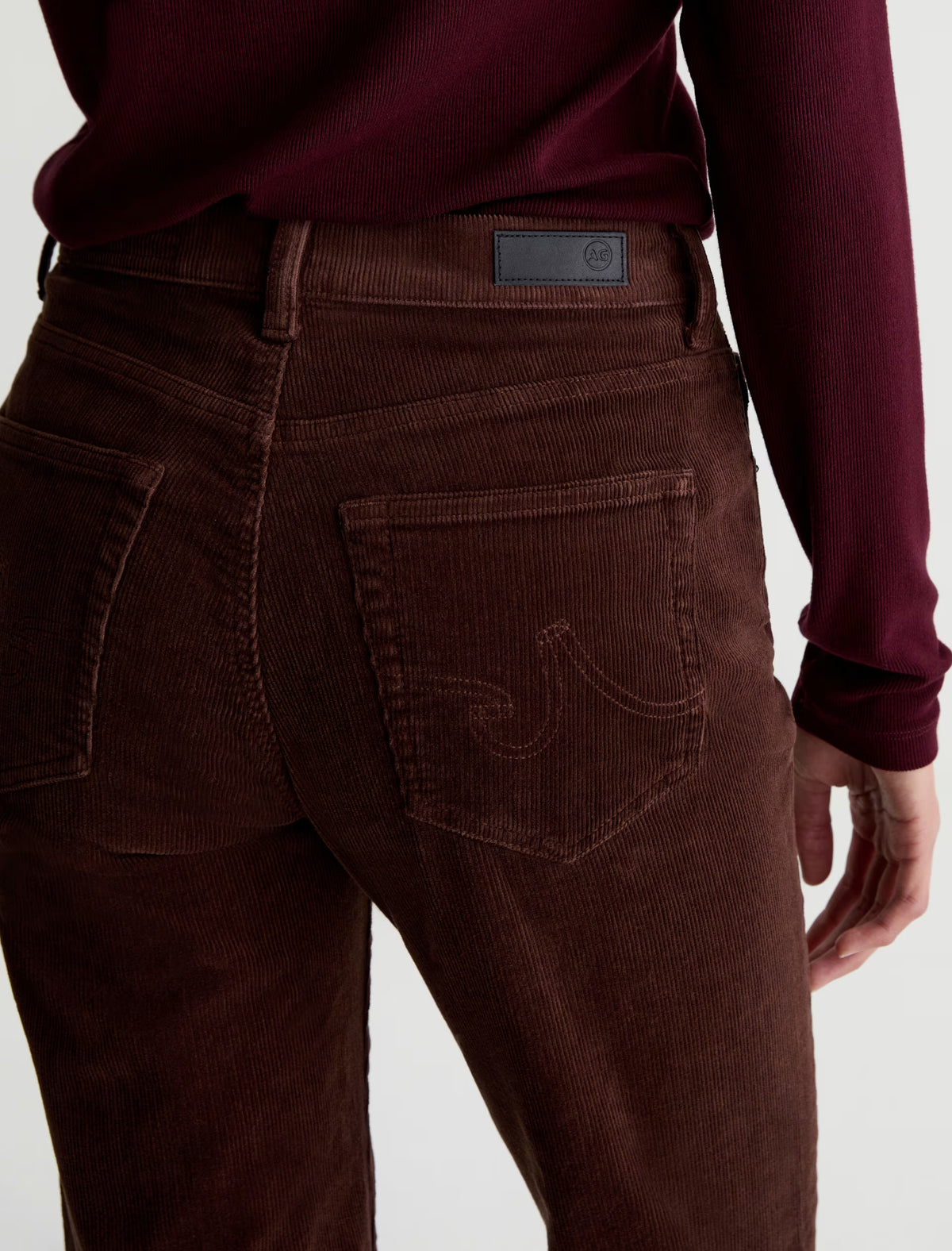 AG Brinley wood brown corduroy pants back view with signature pocket stitching