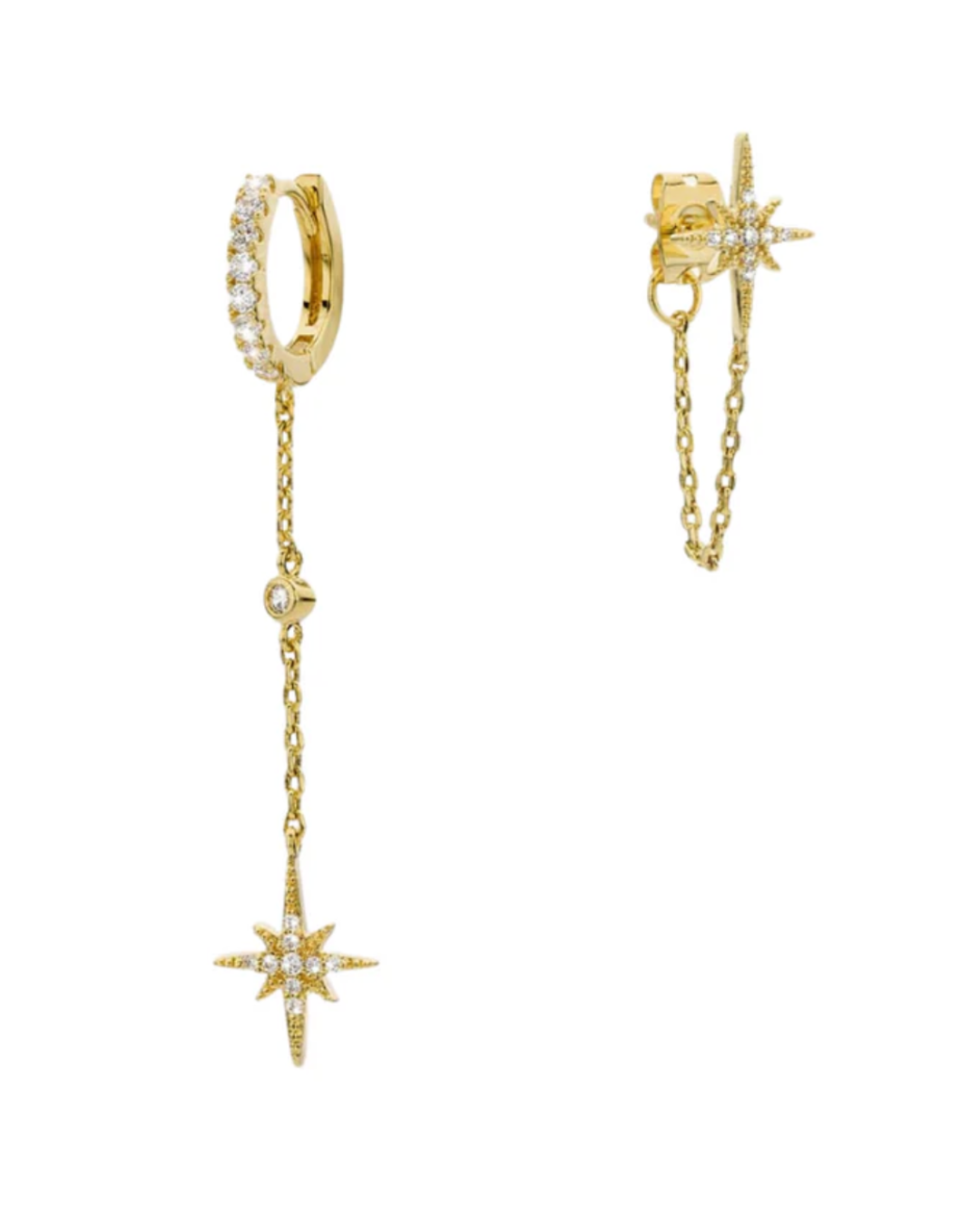 Gold crystal pavé huggie hoop and stud earrings with dangling north star charm on chain