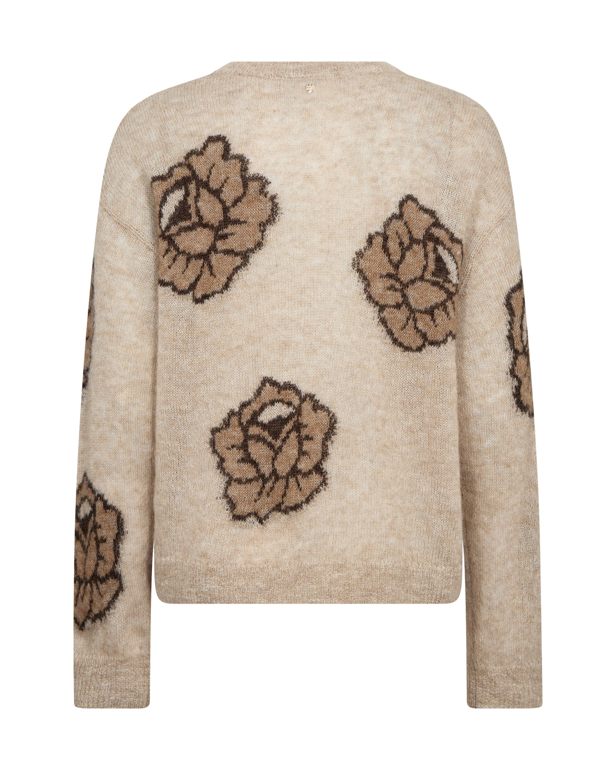 Back view of Mos Mosh Drea Popli Knit sweater in doeskin with floral jacquard pattern