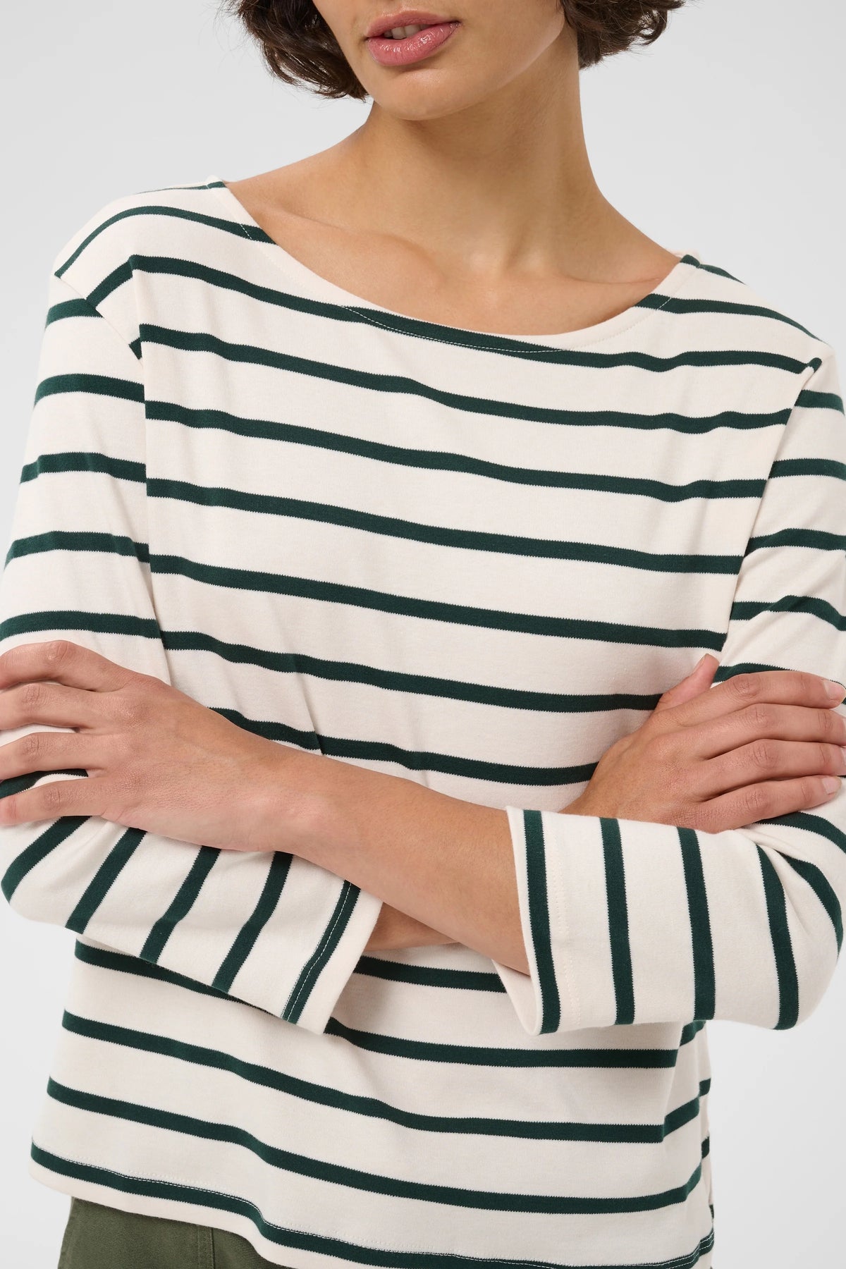Part Two Nela Top, cream and dark green striped long sleeve boat neck tee