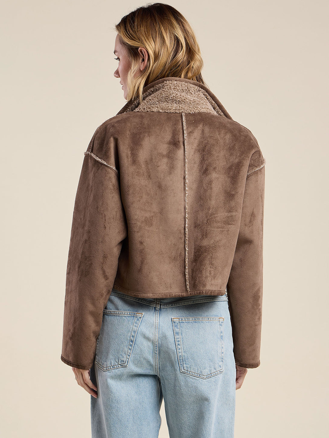 Back view of Velvet ESME07 cropped shearling jacket in faded coco brown with sherpa collar