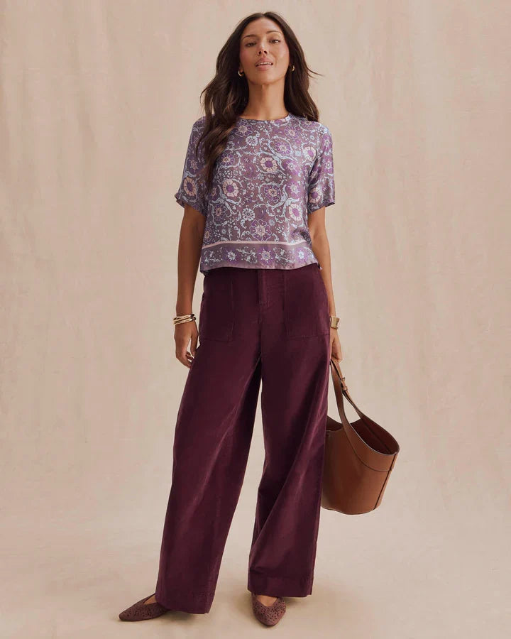 Splendid Violet SS Top, purple floral paisley print short-sleeve blouse, relaxed fit