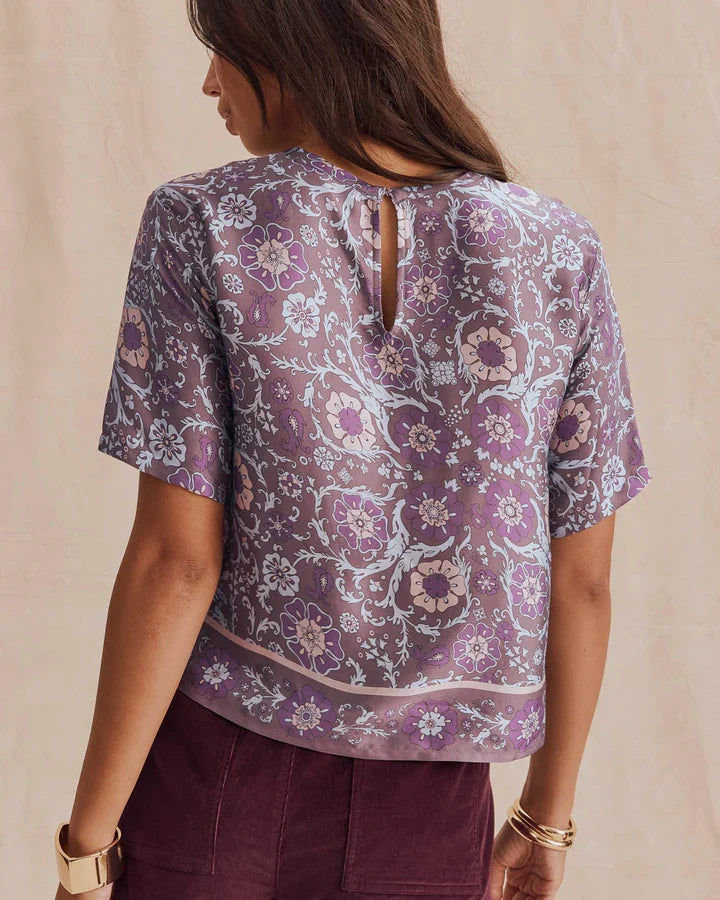 Splendid Violet SS Top, purple floral print short sleeve blouse with keyhole back