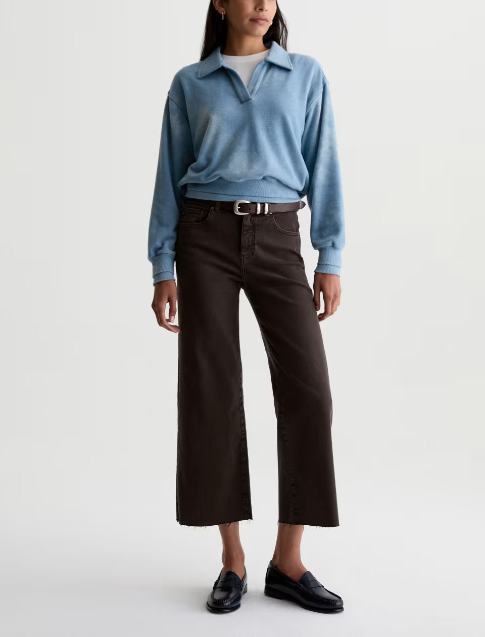 AG Saige wide leg crop jeans in dark brown burnt umber with raw-cut hem