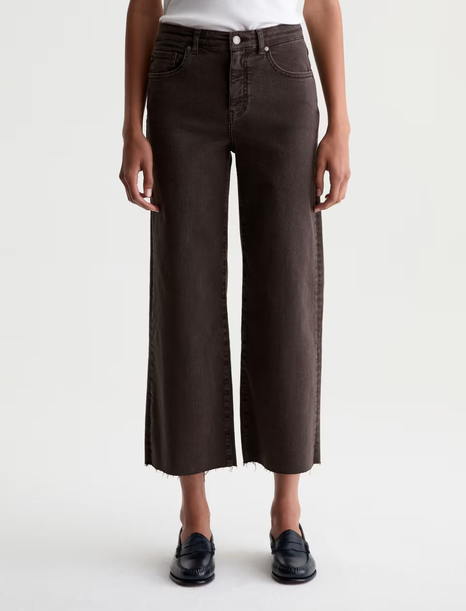 AG Saige wide leg crop jeans in dark brown with raw hem and high rise