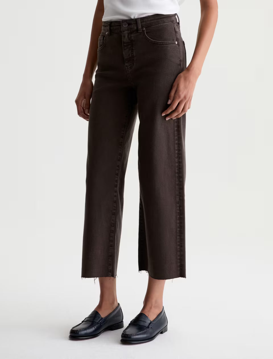 AG Saige wide leg crop jeans in dark brown with raw hem and high rise