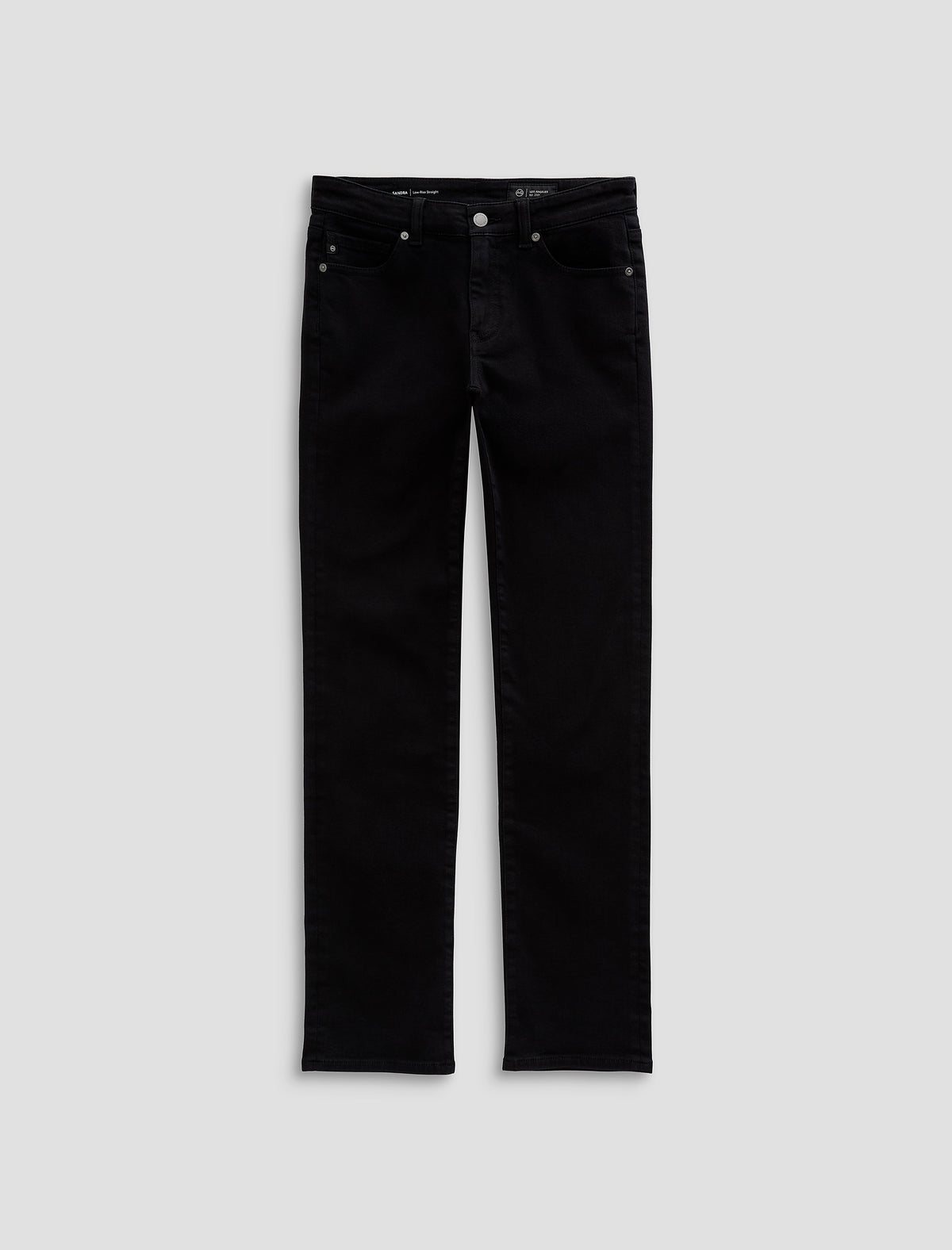AG Sandra black jeans flat lay on neutral grey background, front view