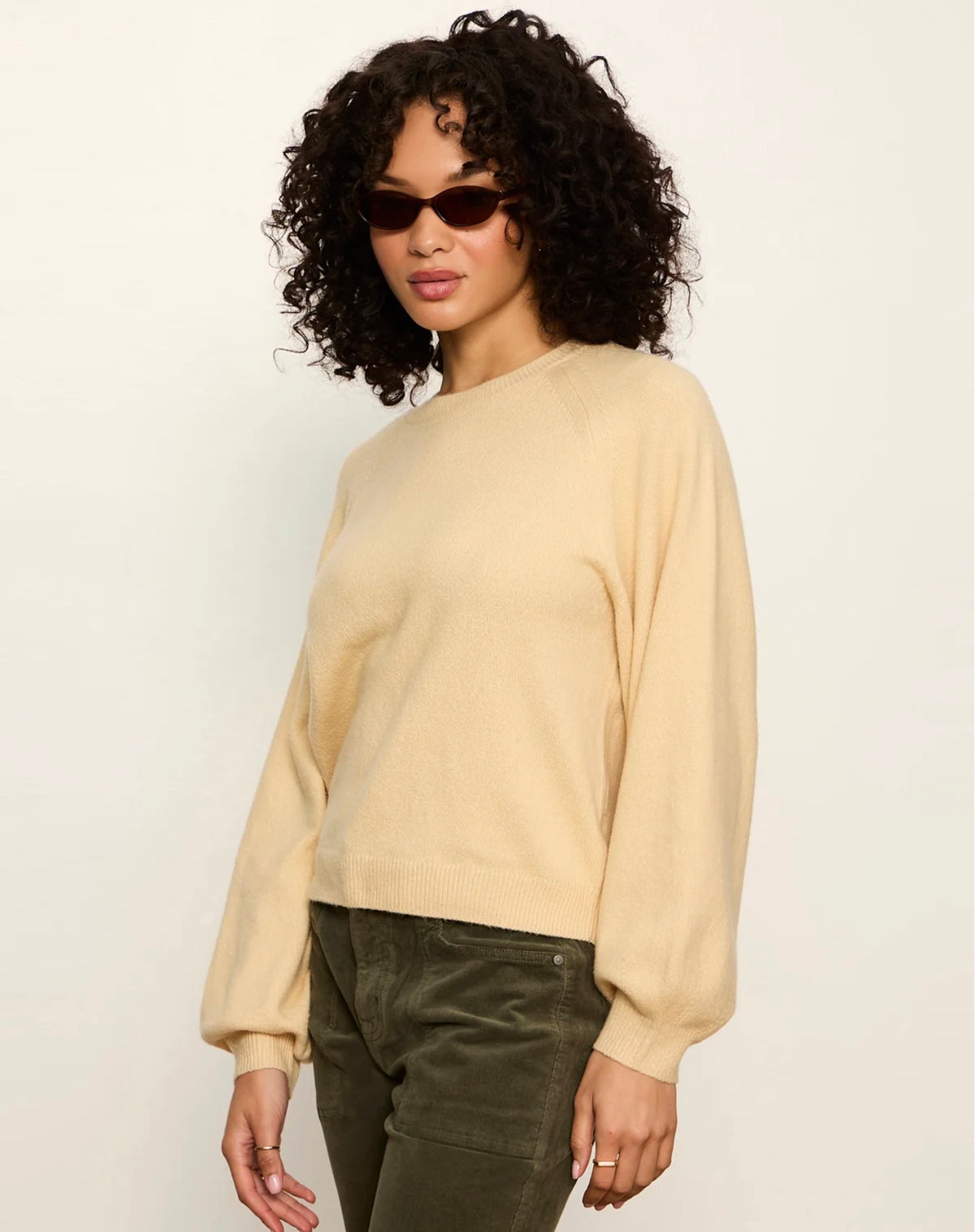 Sanctuary soft cream crewneck pullover sweater with balloon sleeves and ribbed cuffs