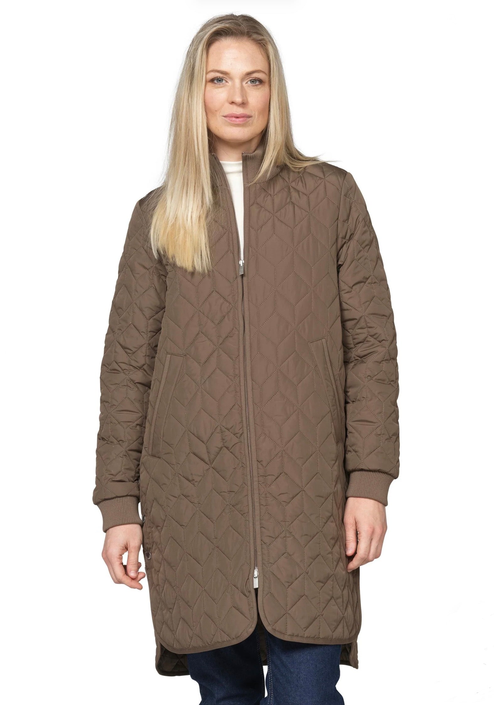 Ilse Jacobsen ART06 long quilted coat in taupe with zip front and ribbed cuffs
