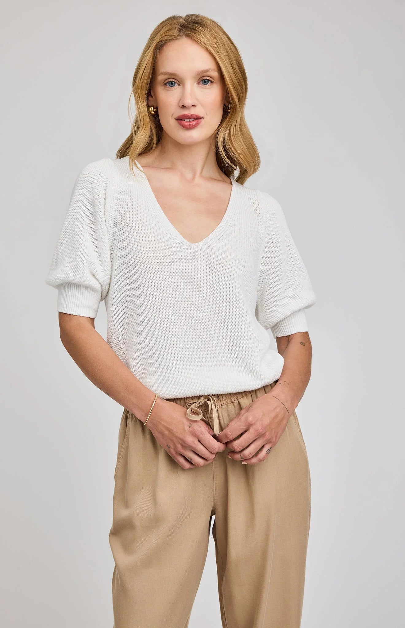 Gentle Fawn Phoebe white short puff sleeve V-neck knit sweater