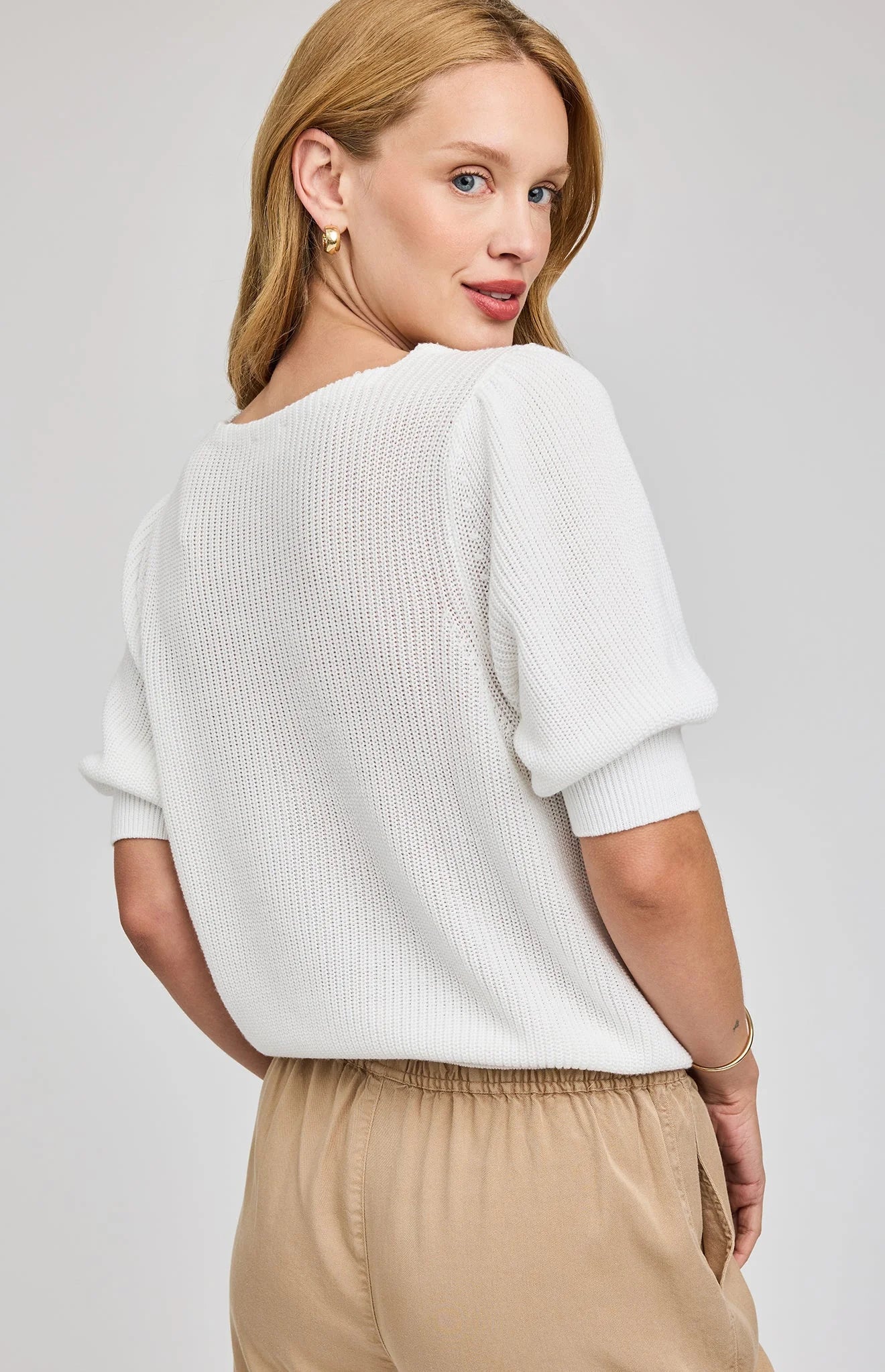 Gentle Fawn Phoebe white short puff sleeve knit sweater, back view