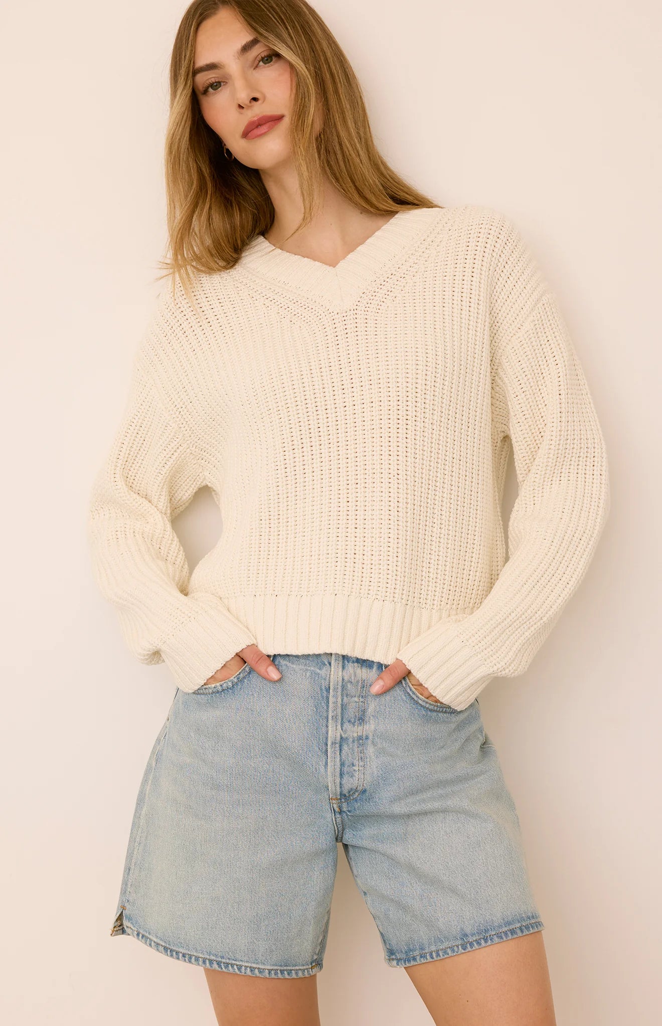 Gentle Fawn Jocelyn cream chunky knit V-neck sweater with ribbed hem and cuffs