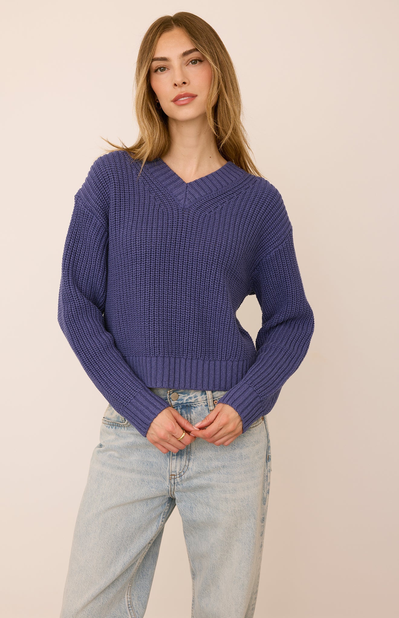Gentle Fawn Jocelyn purple chunky knit V-neck crop sweater with relaxed fit