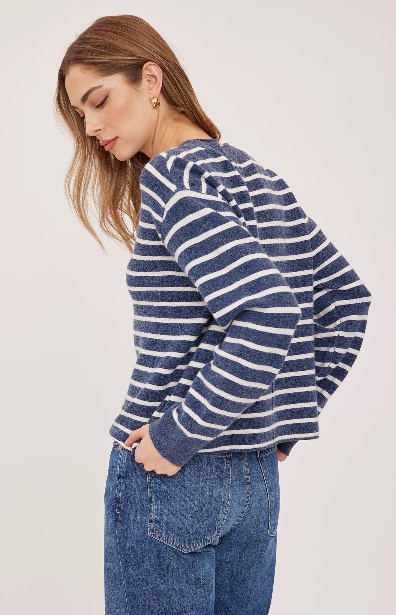 Gentle Fawn Wanda navy blue and white striped long sleeve sweater with jeans