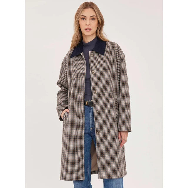 Gentle Fawn Millie houndstooth longline coat with navy collar and button front
