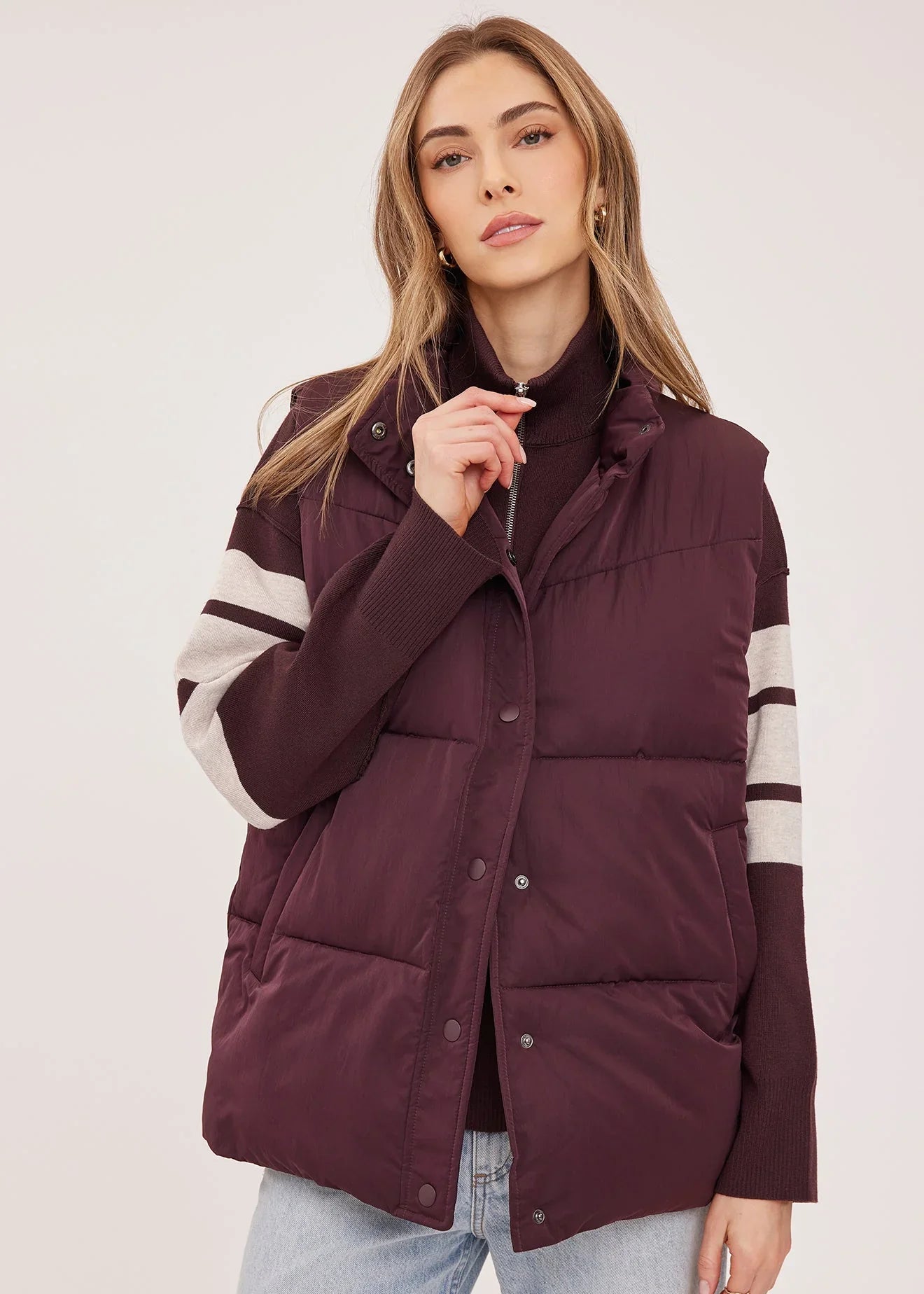 Gentle Fawn Shiloh burgundy puffer vest with snap buttons and high collar