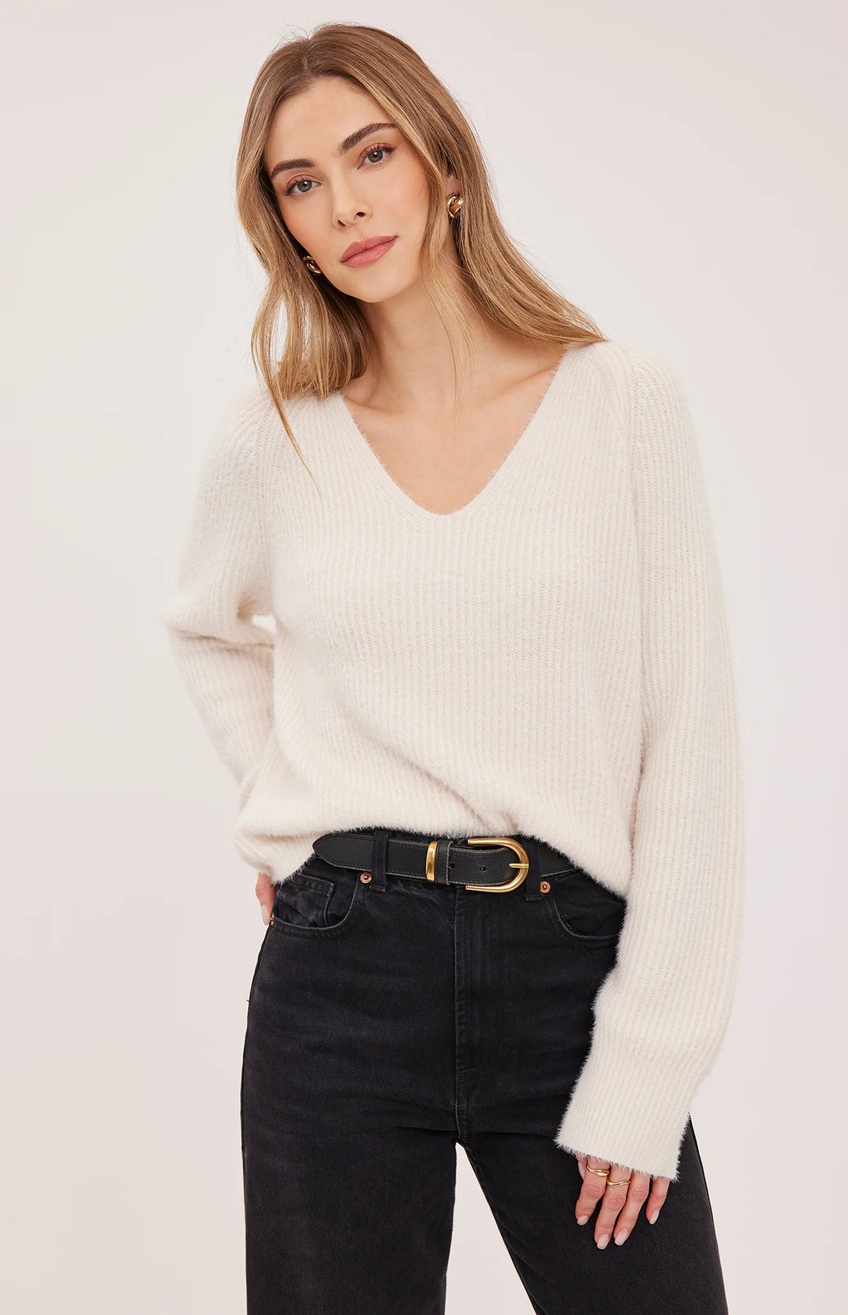 Gentle Fawn Filomena cream ribbed knit v-neck sweater with relaxed fit