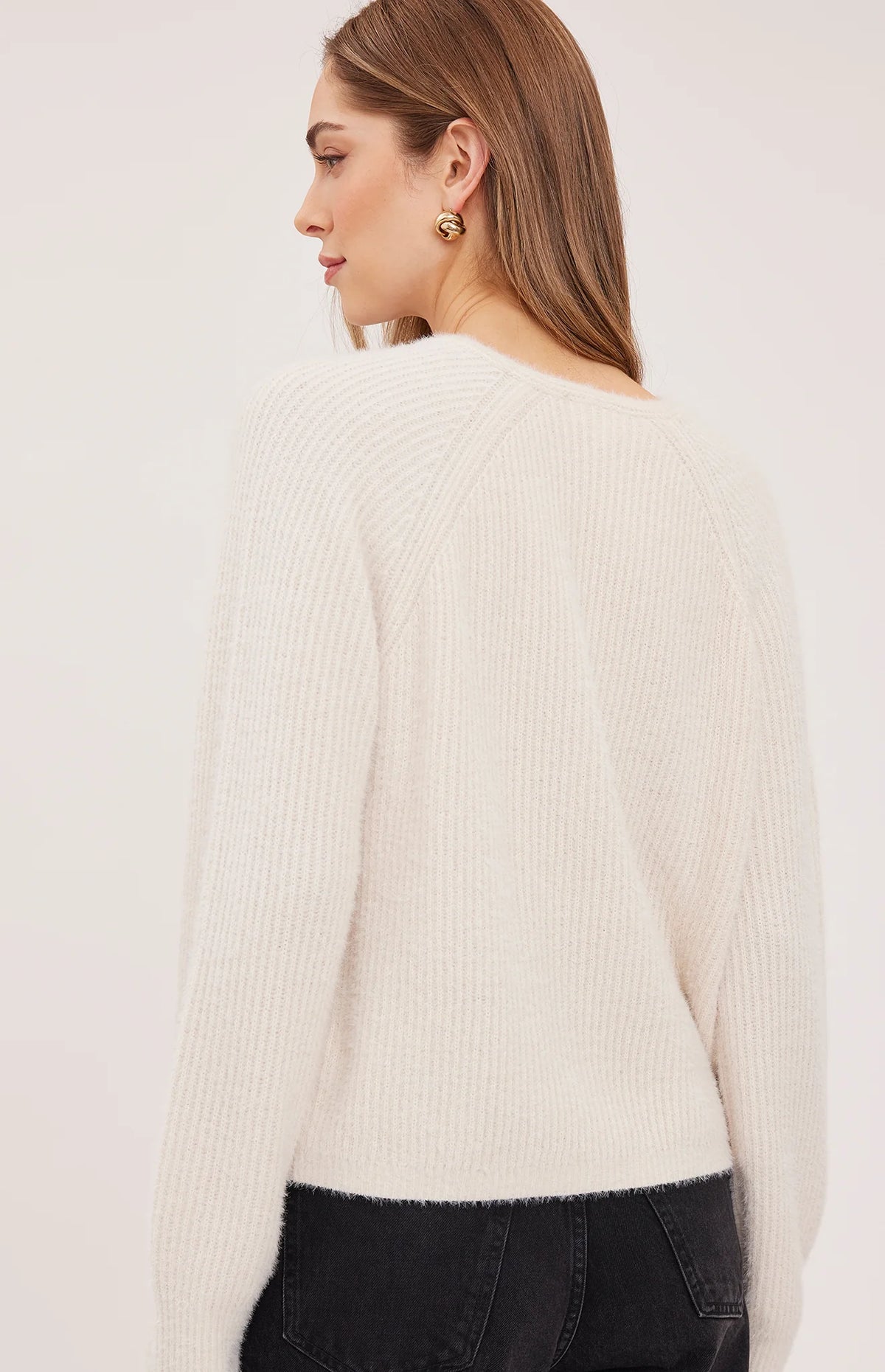 Gentle Fawn Filomena cream ribbed knit sweater, back view, long sleeves