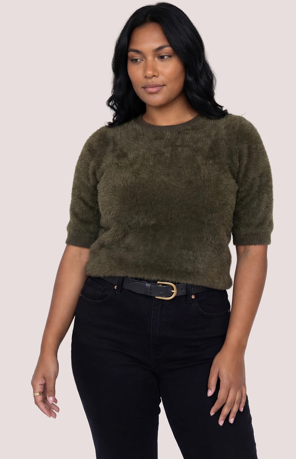 Olive green fuzzy short-sleeve crewneck sweater with ribbed cuffs and hem