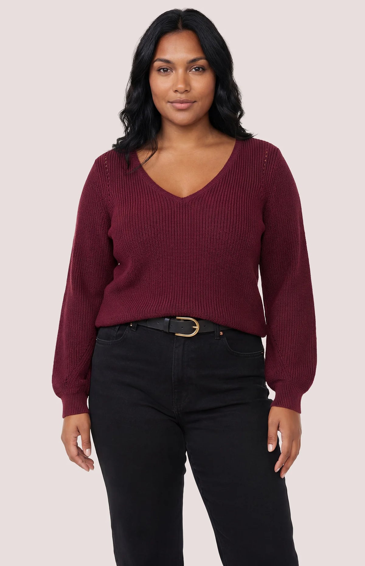 Gentle Fawn Hailey burgundy ribbed knit V-neck sweater with balloon sleeves