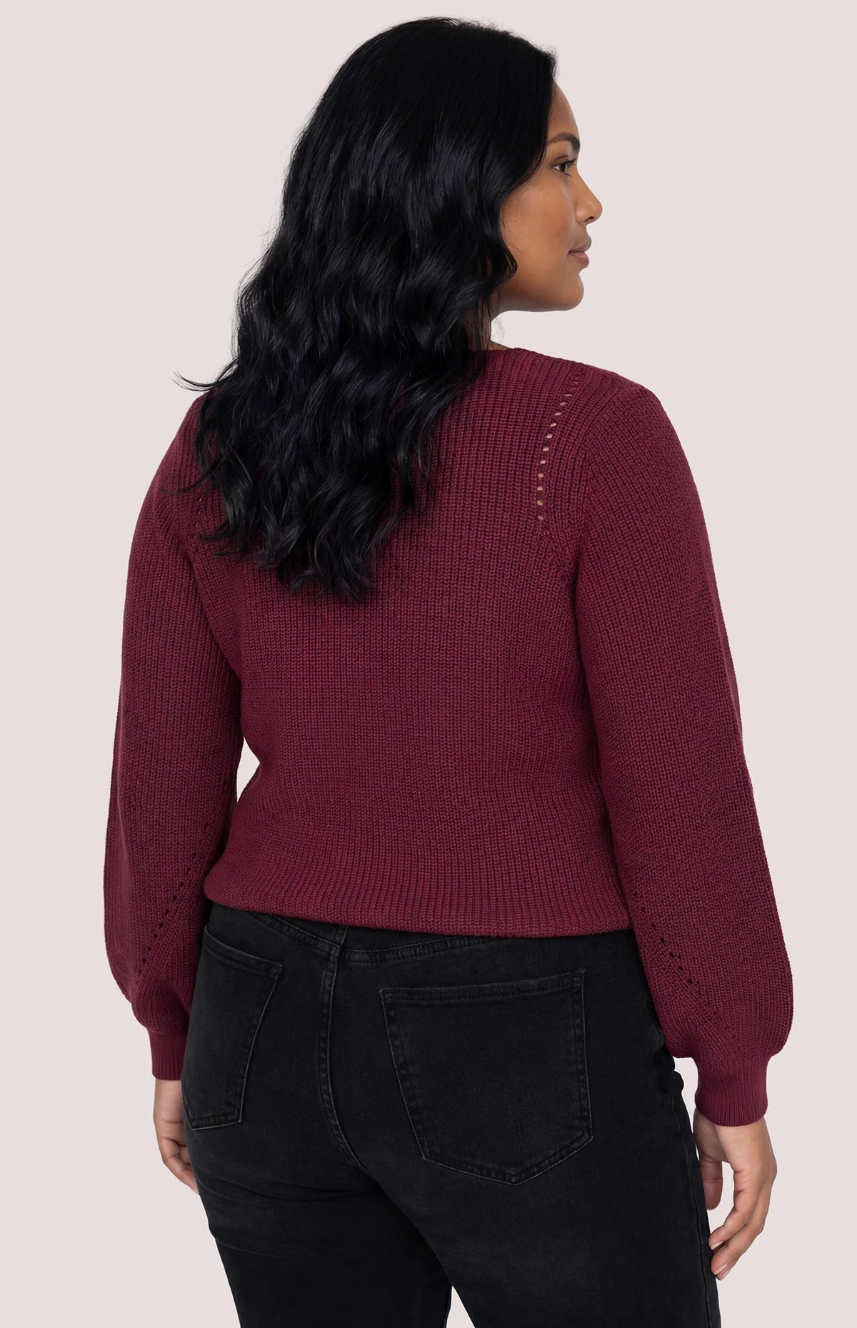 Gentle Fawn Hailey burgundy knit sweater with balloon sleeves, back view