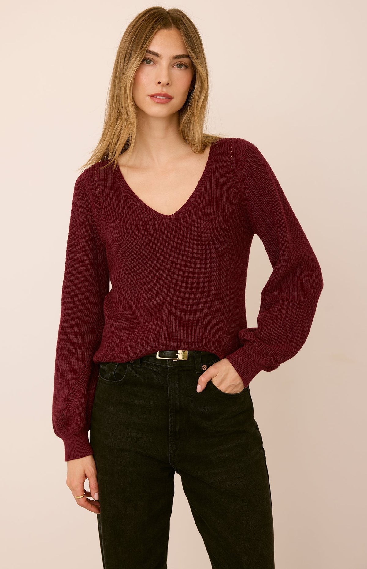 Gentle Fawn Hailey burgundy V-neck knit sweater with long balloon sleeves