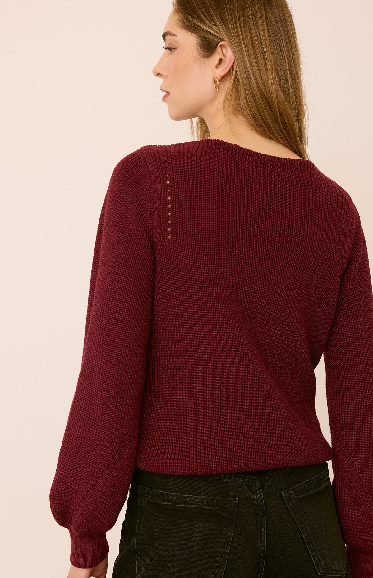 Gentle Fawn Hailey burgundy knit sweater with balloon sleeves, back view