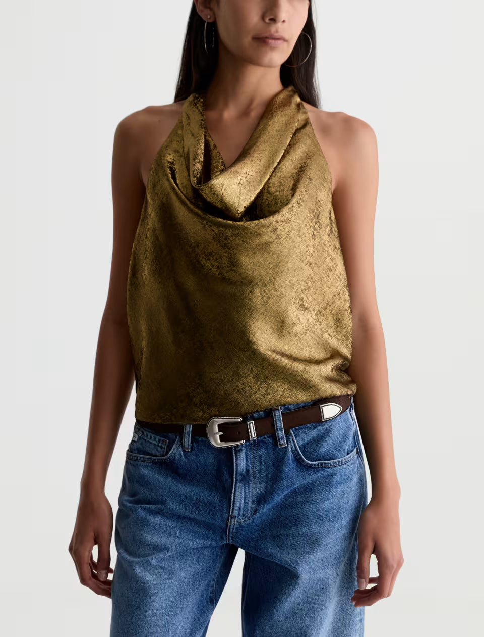 Gold foil voile halter top with draped cowl neckline and flowy silhouette