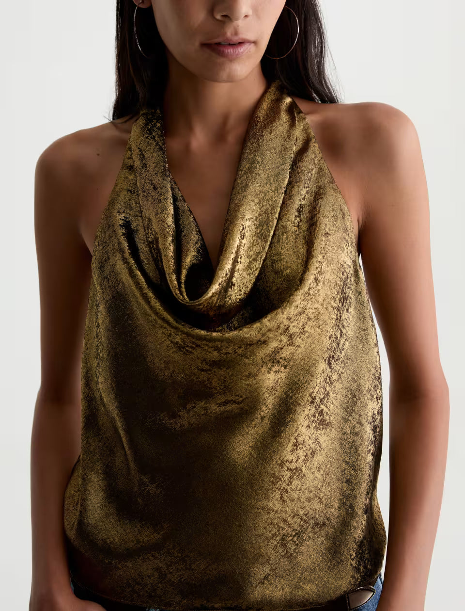 AG Kacey gold metallic velvet cowl neck halter top on model