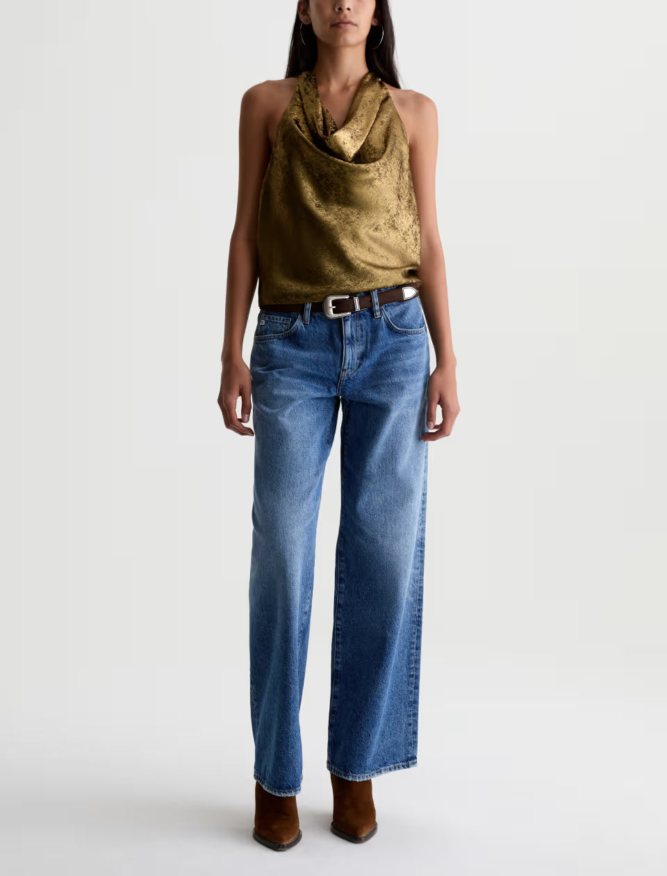 AG Kacey wide-leg medium wash blue jeans with brown western belt