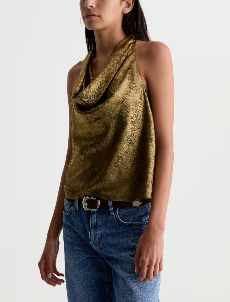 AG Kacey gold metallic cowl neck halter top styled with blue jeans