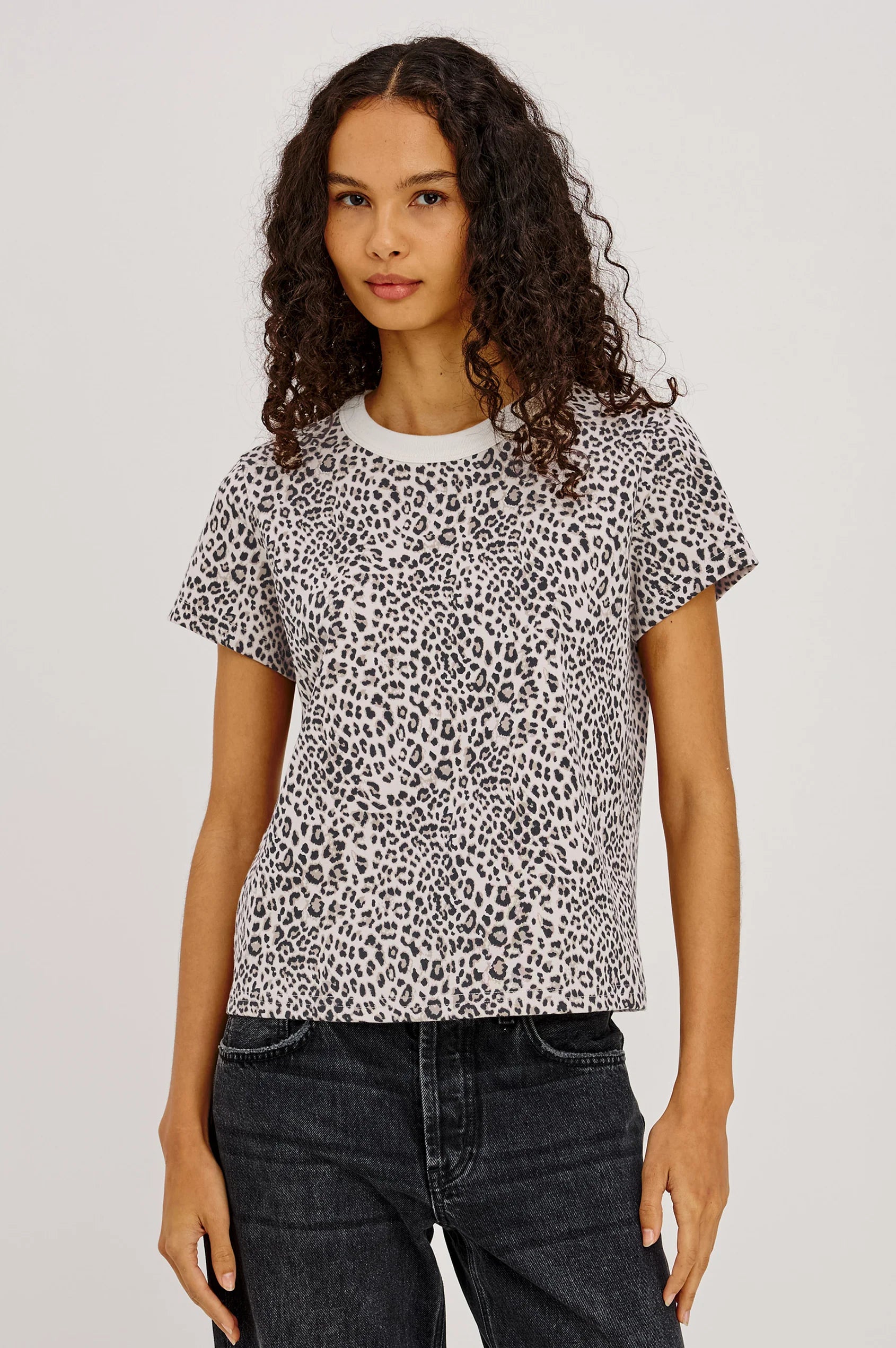 Rails Girlfriend Tee in grey leopard print with white crew neck, short sleeves