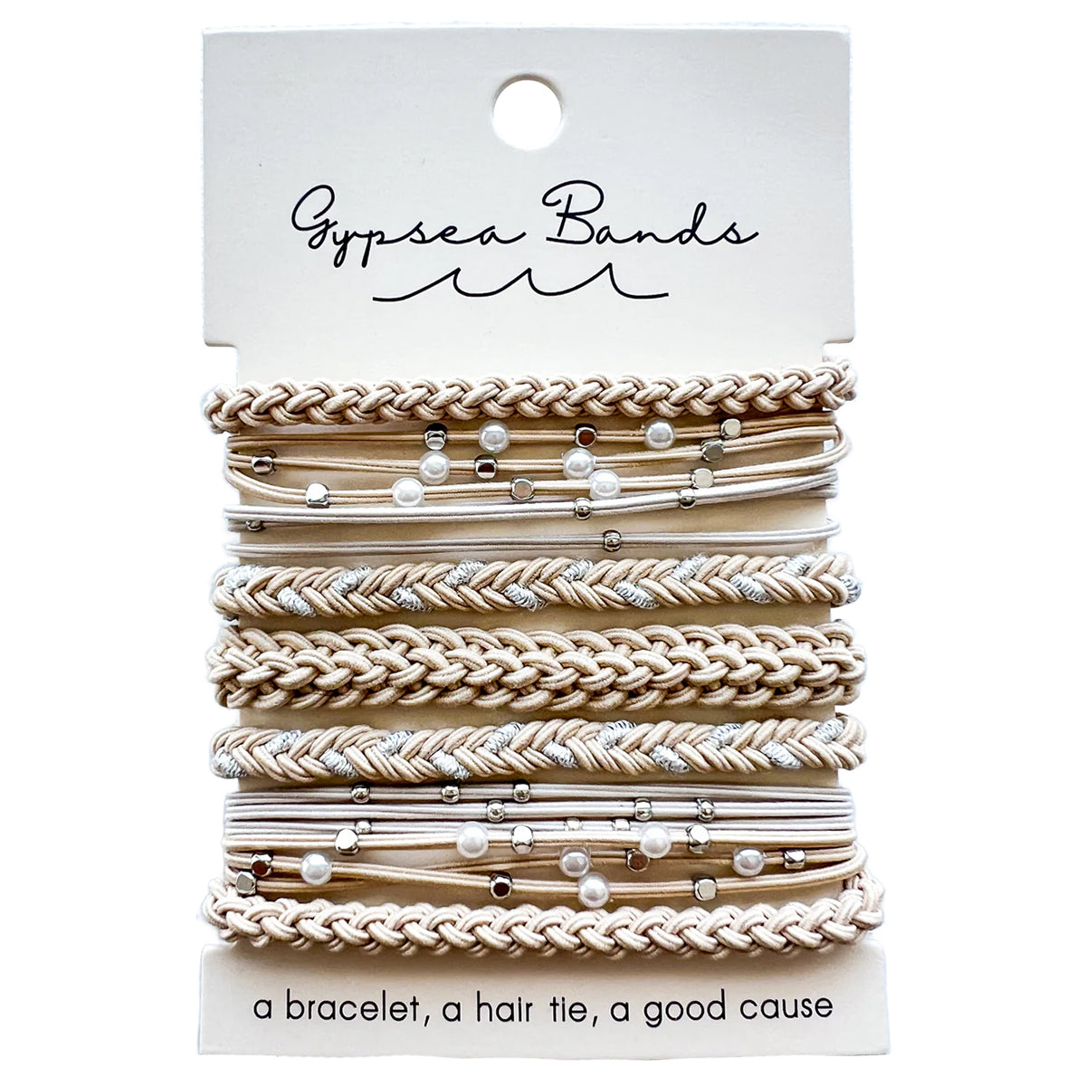 Gypsea Bands Hairtie Latte set of braided and beaded hair ties on packaging card