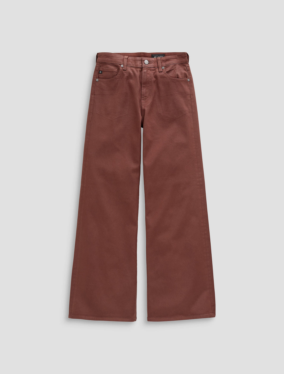 AG Saige Wide Leg jeans in light chestnut, flat lay front view on neutral background