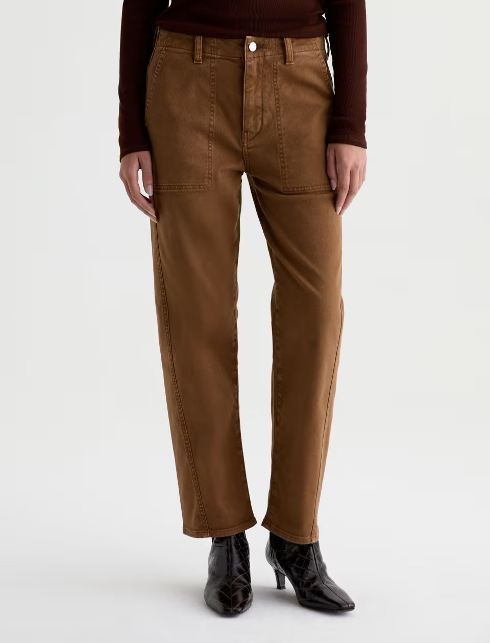 AG Analeigh straight-leg bronze brown pants with patch pockets and utility seams
