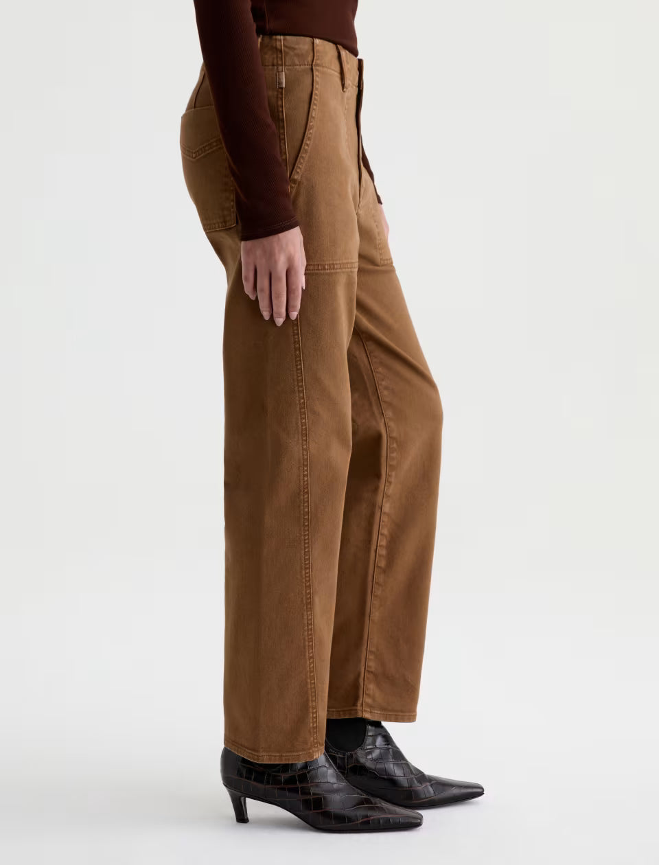 AG Analeigh wide-leg bronze brown utility pants with seam detail, side view